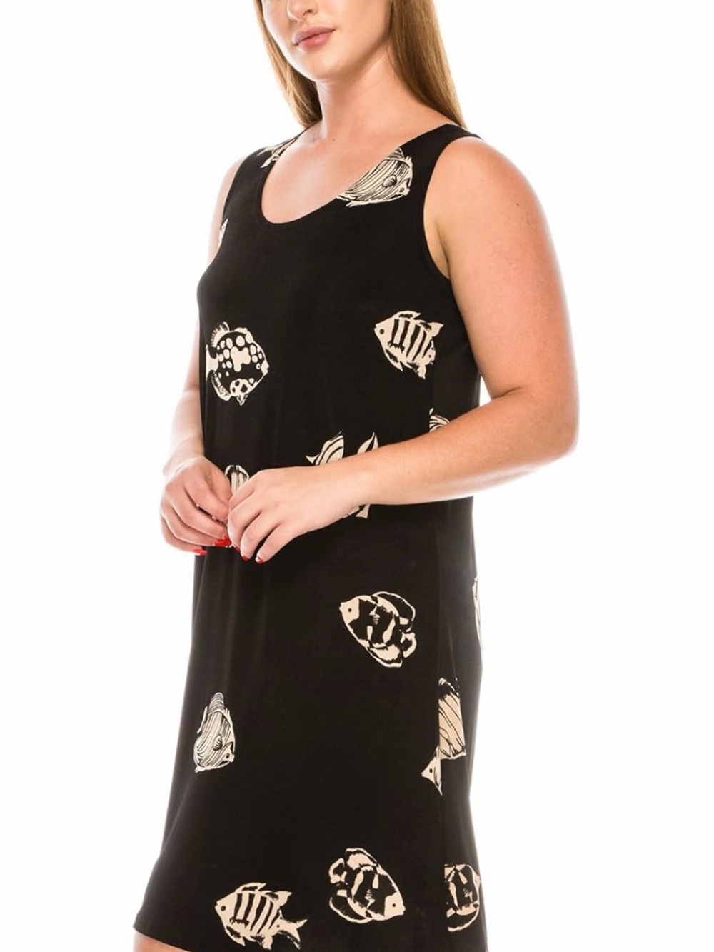 Stretchy Black Tank Dress with Taupe Abstract Fish Print - Picture 3 of 5